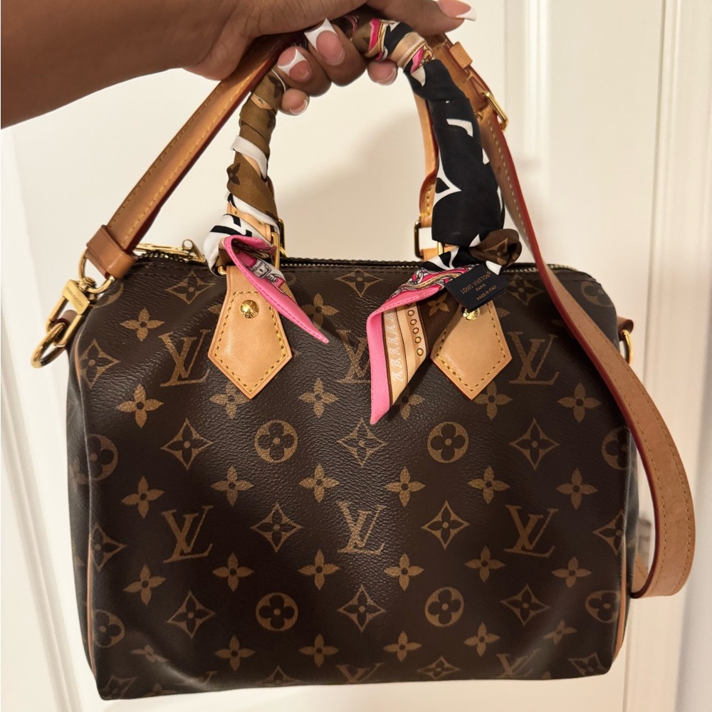 Louis Vuitton Brown Monogram Satchel with Colorful Handle Wrap